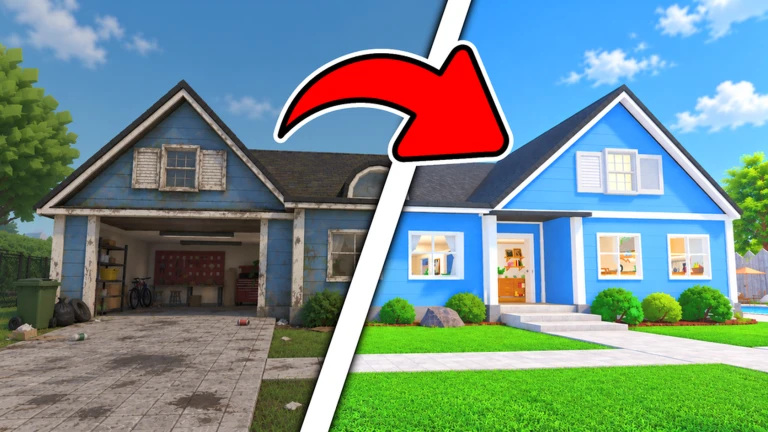 Official Roblox game image showing a house before and after renovation.